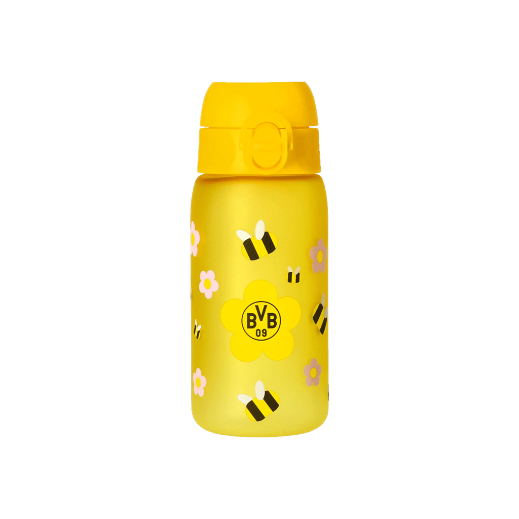Gourde jaune du BVB pour enfants, ornée d'un motif joyeux représentant des fleurs et des abeilles, avec le logo du BVB placé au centre.