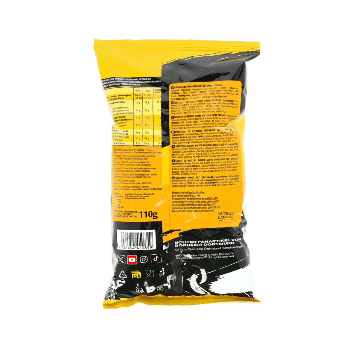Schwarzgelbe BVB Käsebällchen-Verpackung, Rückansicht mit Nährwertangaben und Text auf der Rückseite, 110g.