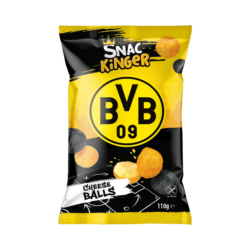 Boulettes de fromage BVB noir et jaune, présentées dans un emballage accrocheur arborant le logo du BVB et d'un contenu de 110 g, idéales comme en-cas pour les supporters du Borussia Dortmund.