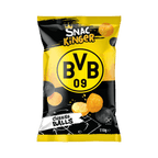 Boulettes de fromage BVB noir et jaune, présentées dans un emballage accrocheur arborant le logo du BVB et d'un contenu de 110 g, idéales comme en-cas pour les supporters du Borussia Dortmund.