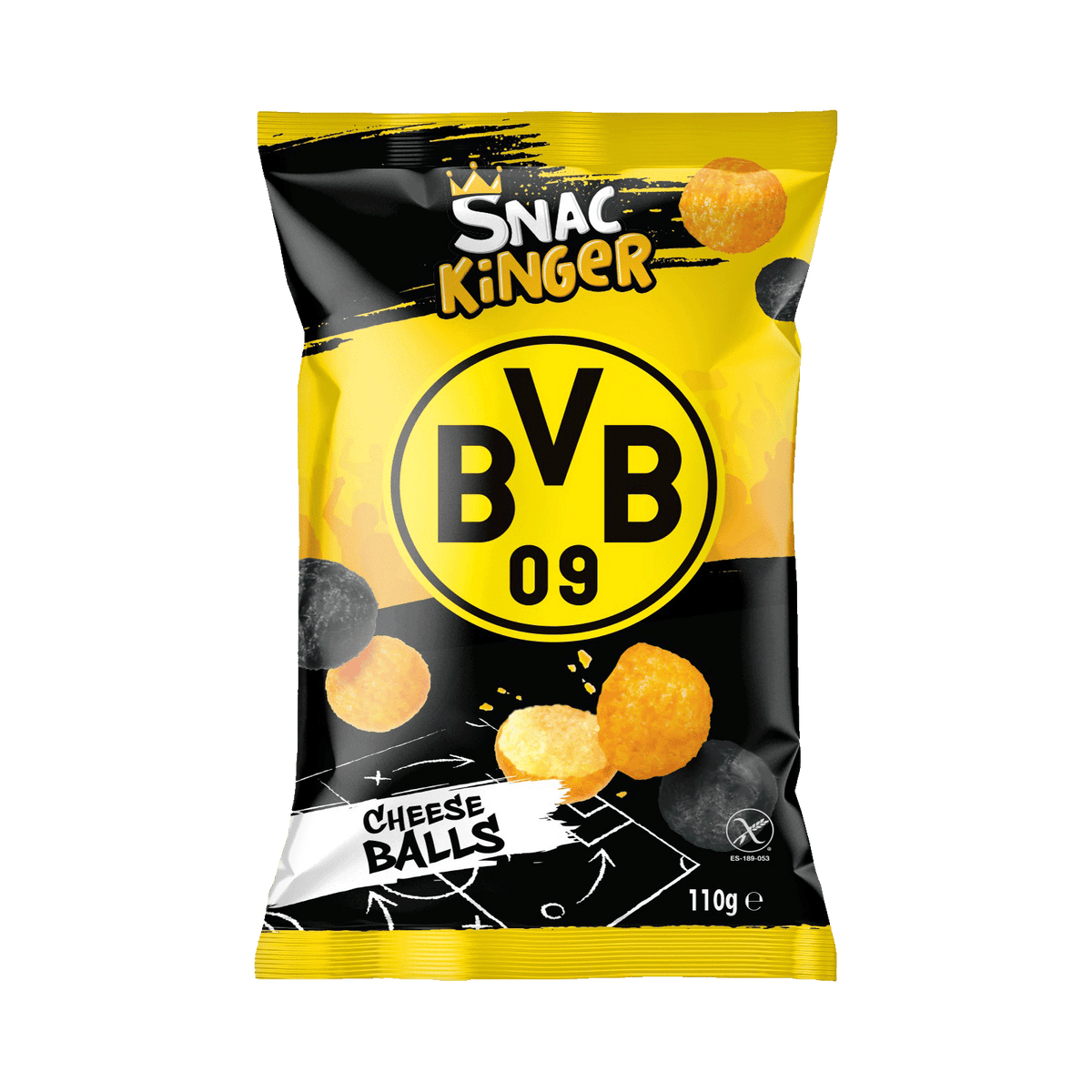 Schwarzgelbe BVB-Käsebällchen in auffälliger Verpackung mit BVB-Logo und 110g Inhalt, ideal als Snack für Fans von Borussia Dortmund.