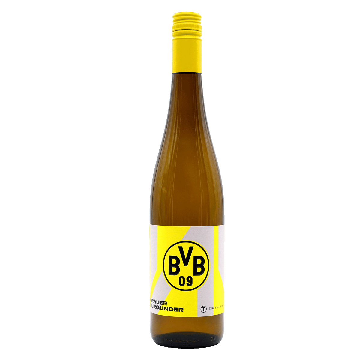Eine Flasche Grauer Burgunder Weißwein im offiziellen BVB-Design mit gelbem Etikett und BVB 09 Logo, eine perfekte Ergänzung für Fans von Borussia Dortmund.