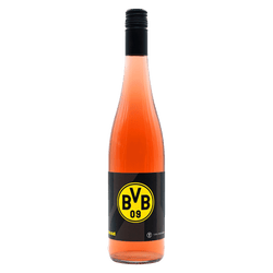 Vin rosé du Borussia Dortmund dans une bouteille aux couleurs noir et jaune arborant le logo BVB 09, un article de supporters élégant pour les amateurs de vin.