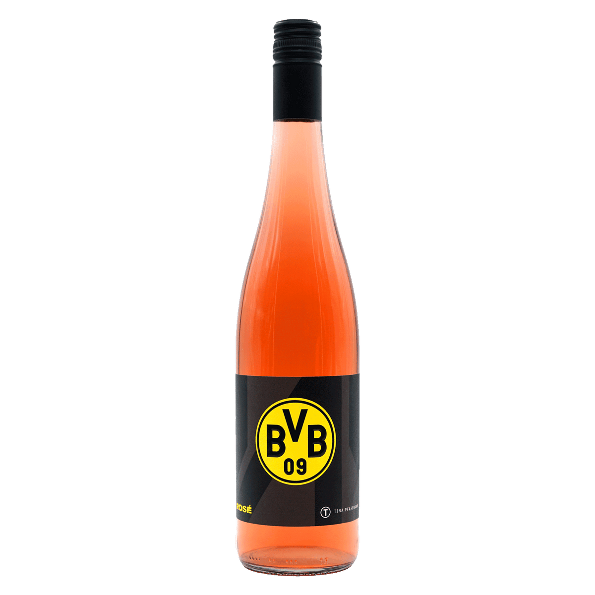 Borussia Dortmund Roséwein in schwarzgelber Flasche mit BVB 09-Logo, stilvoller Fanartikel für Weinliebhaber.
