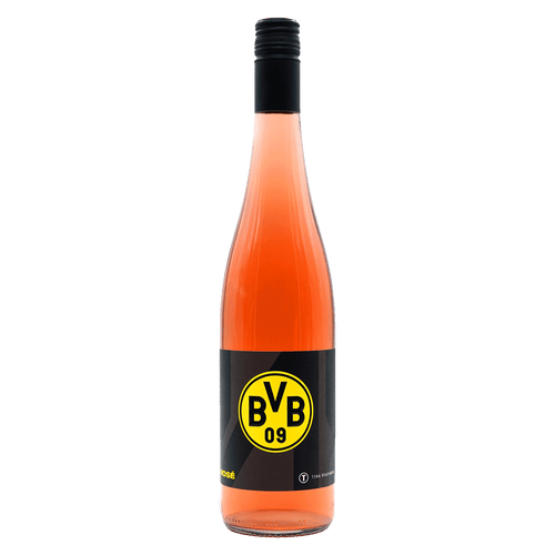 Borussia Dortmund Roséwein in schwarzgelber Flasche mit BVB 09-Logo, stilvoller Fanartikel für Weinliebhaber.