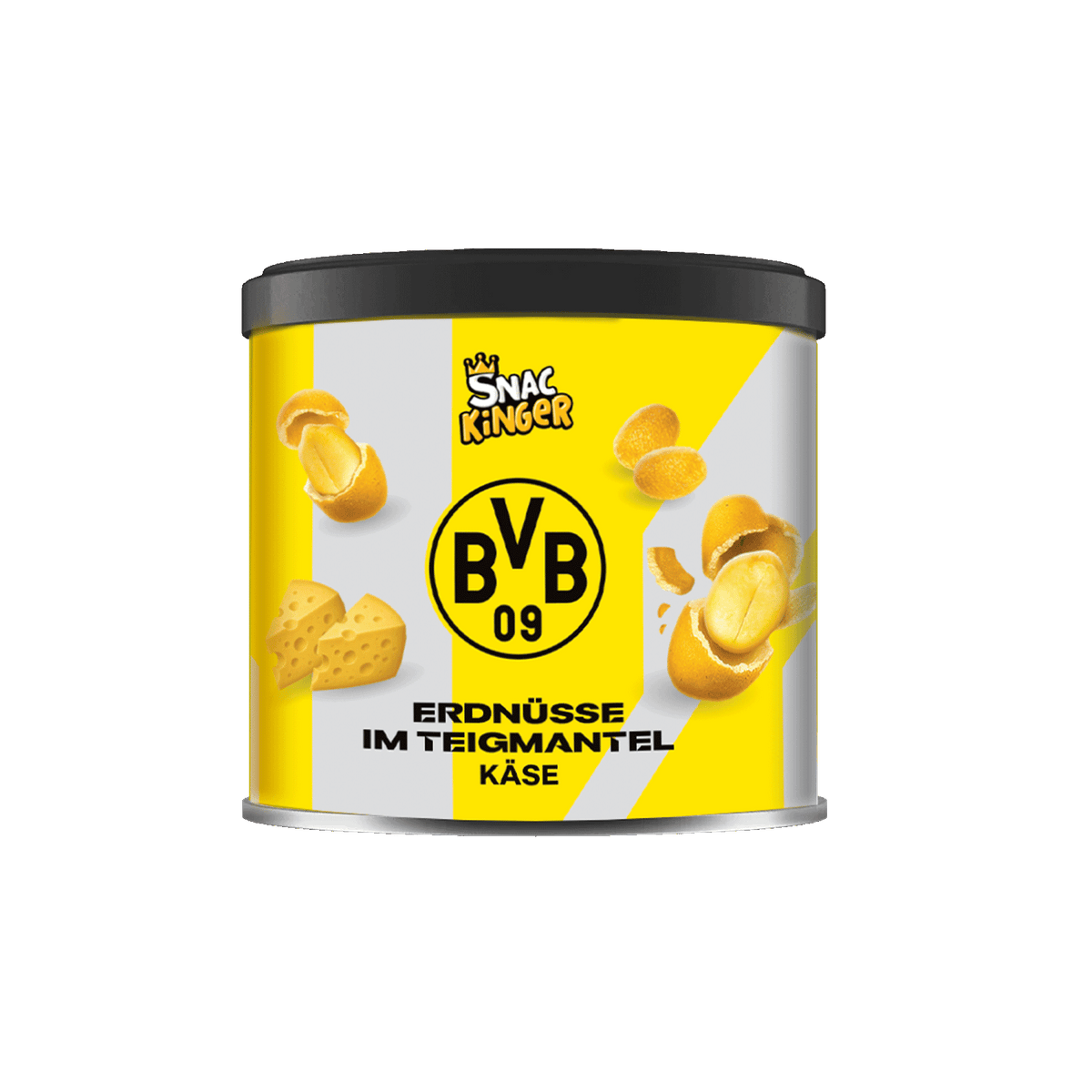 Boîte arborant le logo du BVB 09, remplie de cacahuètes enrobées de pâte au goût de fromage, dans le design noir et jaune caractéristique de la marque