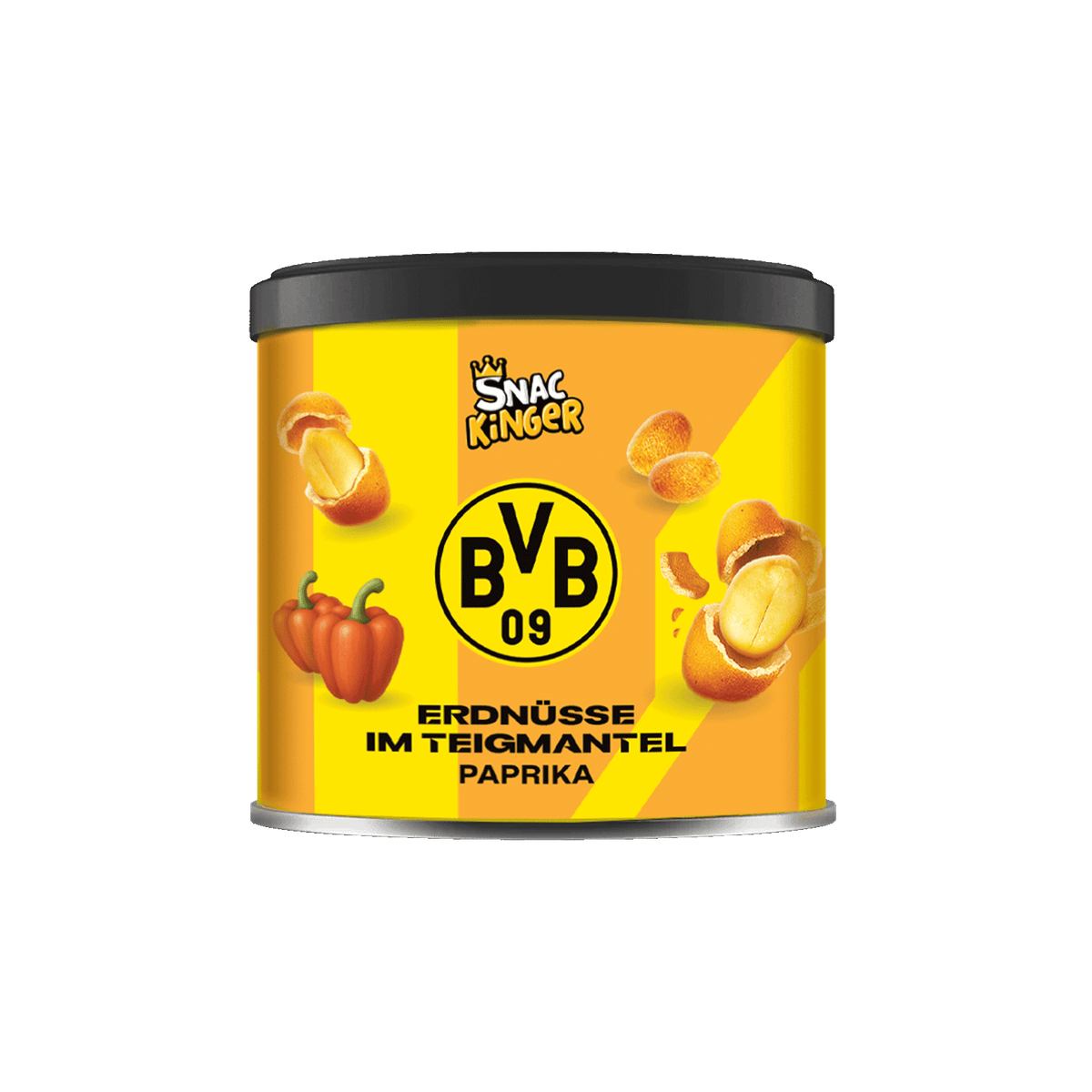 BVB Erdnüsse im Teigmantel Paprika in einer gelben Dose mit BVB-Logo, Illustrationen von Erdnüssen und Paprika sowie der Aufschrift 'Erdnüsse im Teigmantel Paprika'.