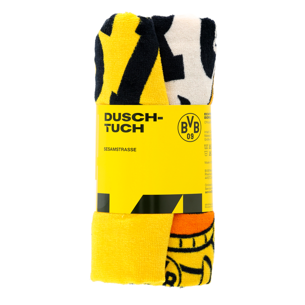 黒と黄色のBVB『セサミストリート』折りたたみ式バスタオル。大きなBVBロゴ入り。サイズ70×140cm。ボルシア・ドルトムントのファンに最適です。
