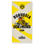 『セサミストリート』のアーニーとバート、BVBのロゴ、そして「Borussia Dortmund」の文字が入った、黒と黄色のBVBシャワータオル（70×140 cm）。ファンに最適です。