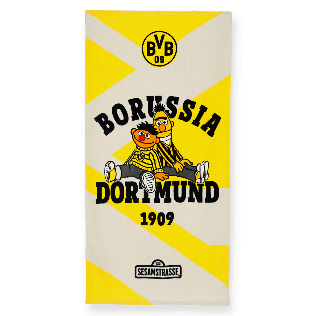 『セサミストリート』のアーニーとバート、BVBのロゴ、そして「Borussia Dortmund」の文字が入った、黒と黄色のBVBシャワータオル（70×140 cm）。ファンに最適です。