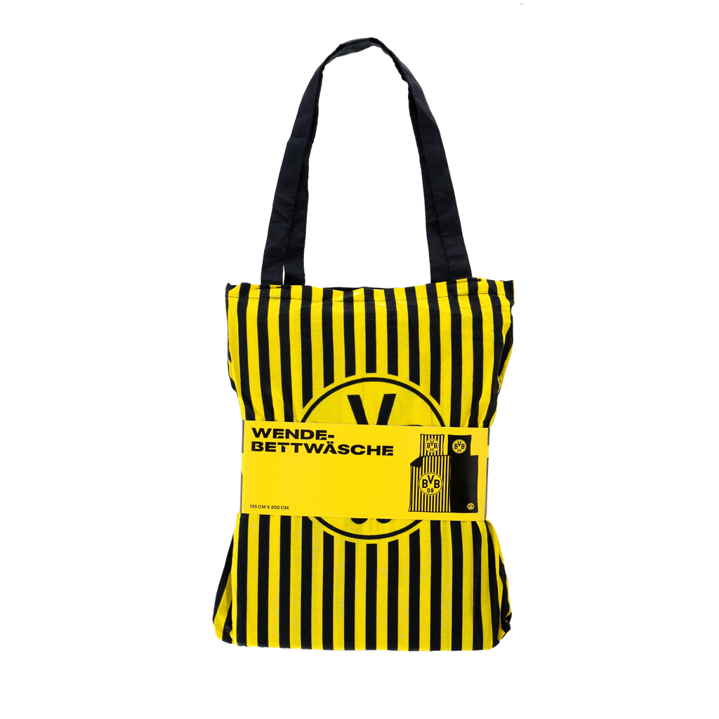 Set di biancheria da letto reversibile del BVB con motivo a righe nero-giallo e grande logo BVB, con borsa per il trasporto inclusa, misura 135x200 cm