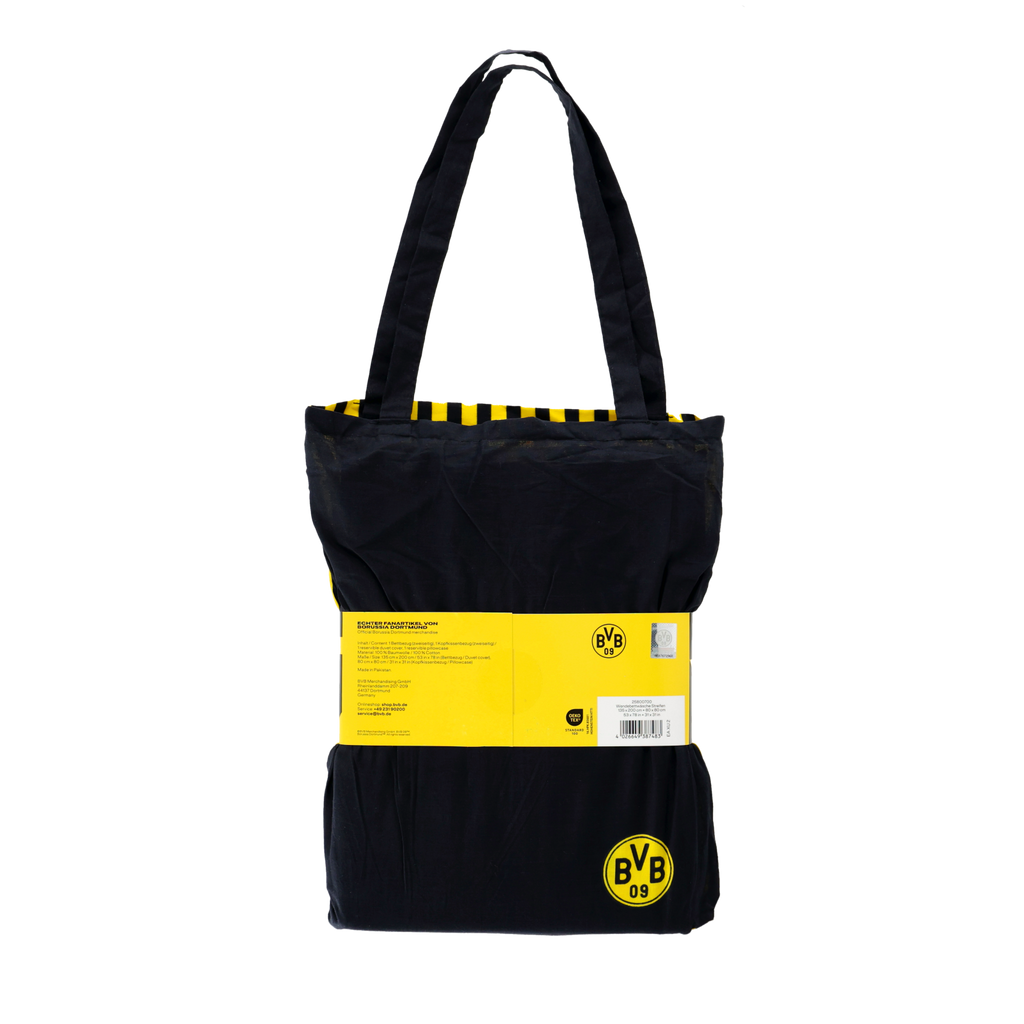 Linge de lit réversible officiel du BVB, au motif rayé noir et jaune, dimensions : 135 x 200 cm, idéal pour les supporters du Borussia Dortmund.