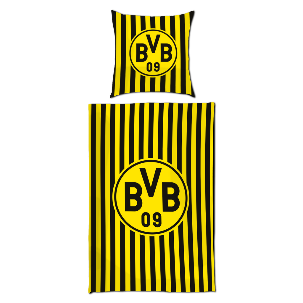 Parure de lit réversible du Borussia Dortmund, au motif rayé noir et jaune, comprenant une taie d'oreiller et un grand logo BVB 09, idéale pour les vrais supporters.