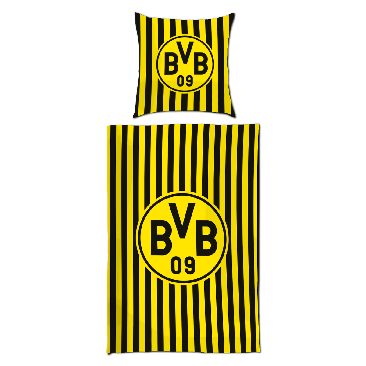 多特蒙德（Borussia Dortmund）黑黄条纹双面床品套装，包含枕套和醒目的BVB 09标志，是铁杆球迷的理想之选。