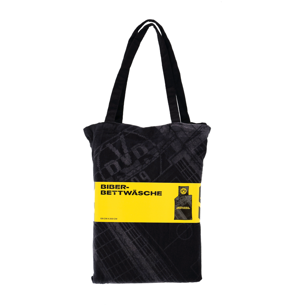 BVB Biber bedding with SIGNAL IDUNA PARK design, black-and-yellow pattern, 135 x 200 cm, exclusive Borussia Dortmund fan merchandise.