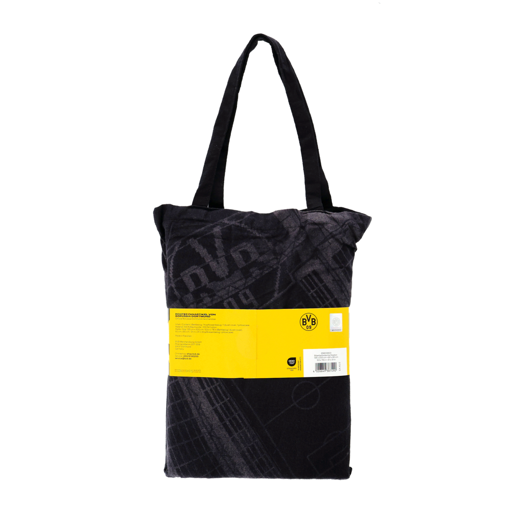 Ropa de cama del BVB con diseño del estadio, en colores negro y amarillo y con el logotipo del BVB. Medidas: 135 x 200 cm. Perfecta para los aficionados del Borussia Dortmund.