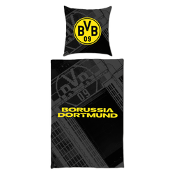 BVB Biber bedding set with stadium design, consisting of a black-and-yellow pillowcase with the BVB logo and a duvet cover, ideal for Borussia Dortmund fans; dimensions: 135x200 cm.