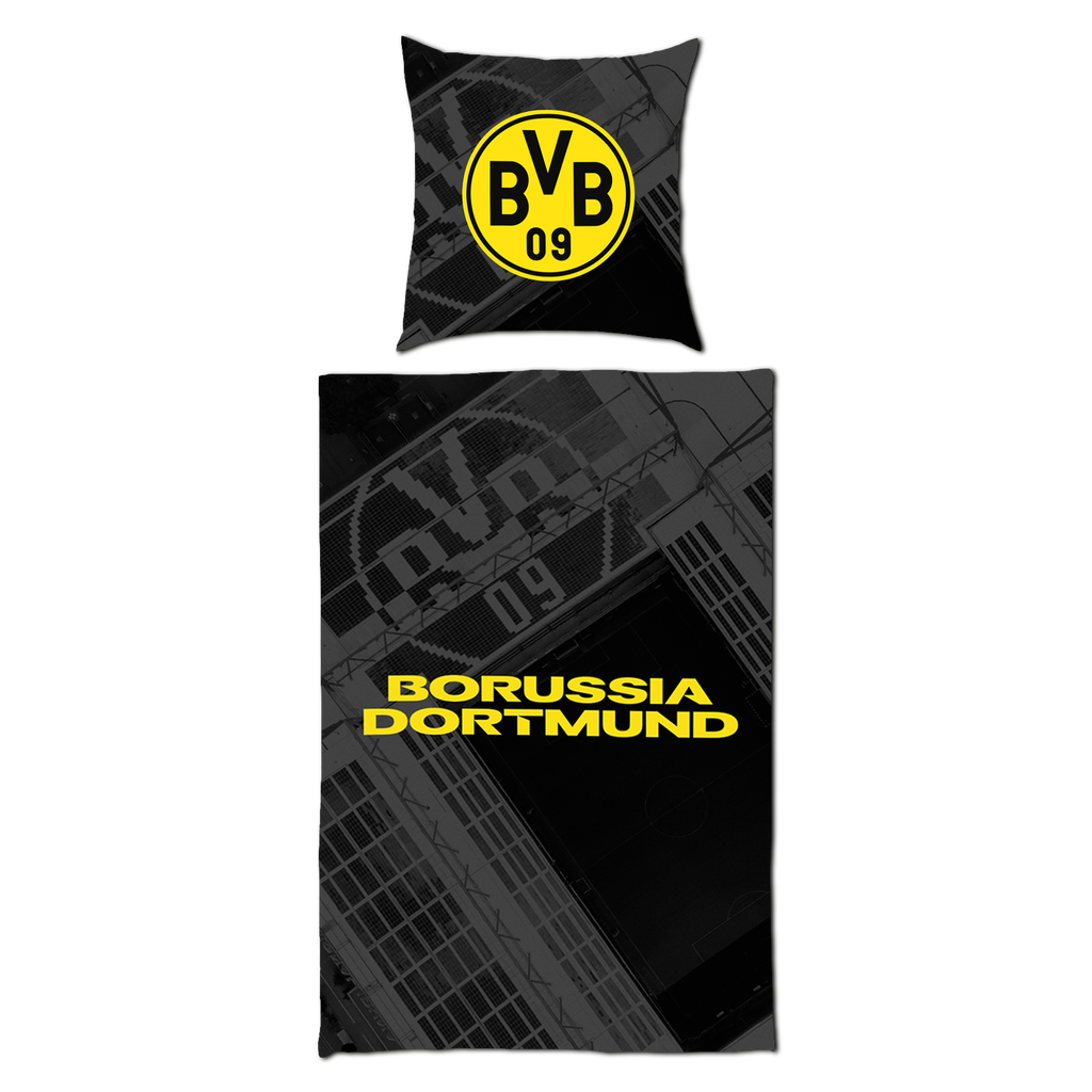 BVB Biber bedding set with stadium design, consisting of a black-and-yellow pillowcase with the BVB logo and a duvet cover, ideal for Borussia Dortmund fans; dimensions: 135x200 cm.