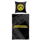 BVB Biber bedding set with stadium design, consisting of a black-and-yellow pillowcase with the BVB logo and a duvet cover, ideal for Borussia Dortmund fans; dimensions: 135x200 cm.