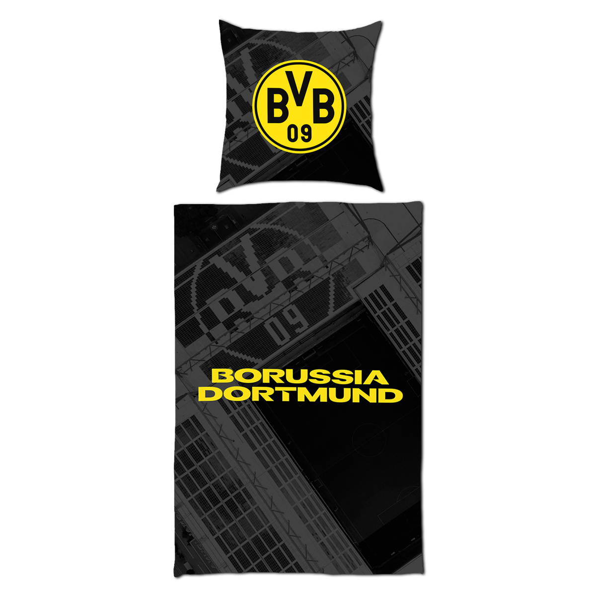 Parure de lit BVB au motif du stade, composée d'une taie d'oreiller noire et jaune arborant le logo du BVB et d'une housse de couette, idéale pour les supporters du Borussia Dortmund, dimensions : 135 x 200 cm.