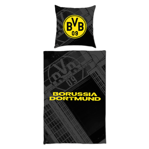 Parure de lit BVB au motif du stade, composée d'une taie d'oreiller noire et jaune arborant le logo du BVB et d'une housse de couette, idéale pour les supporters du Borussia Dortmund, dimensions : 135 x 200 cm.