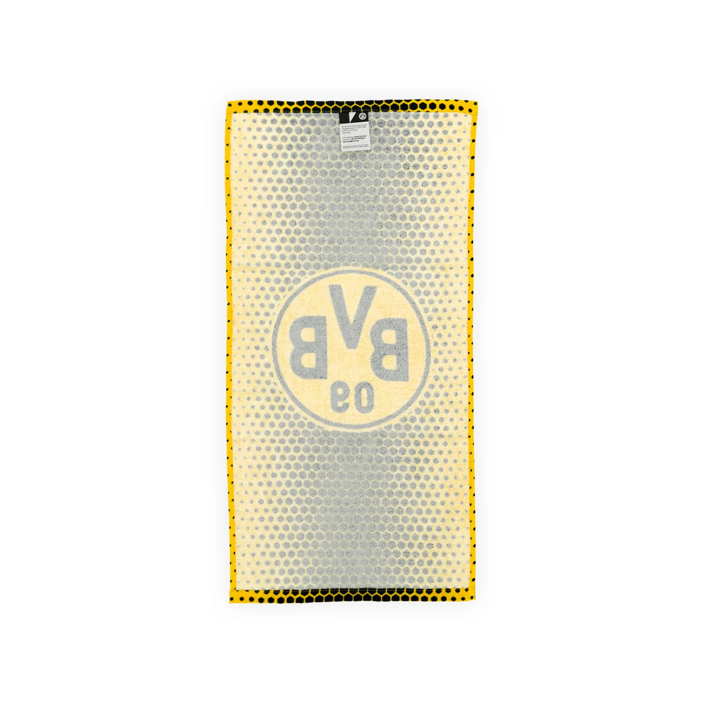Un asciugamano magico del BVB nei colori nero e giallo con un grande logo BVB 09, ideale come gadget e regalo per i tifosi del Borussia Dortmund.