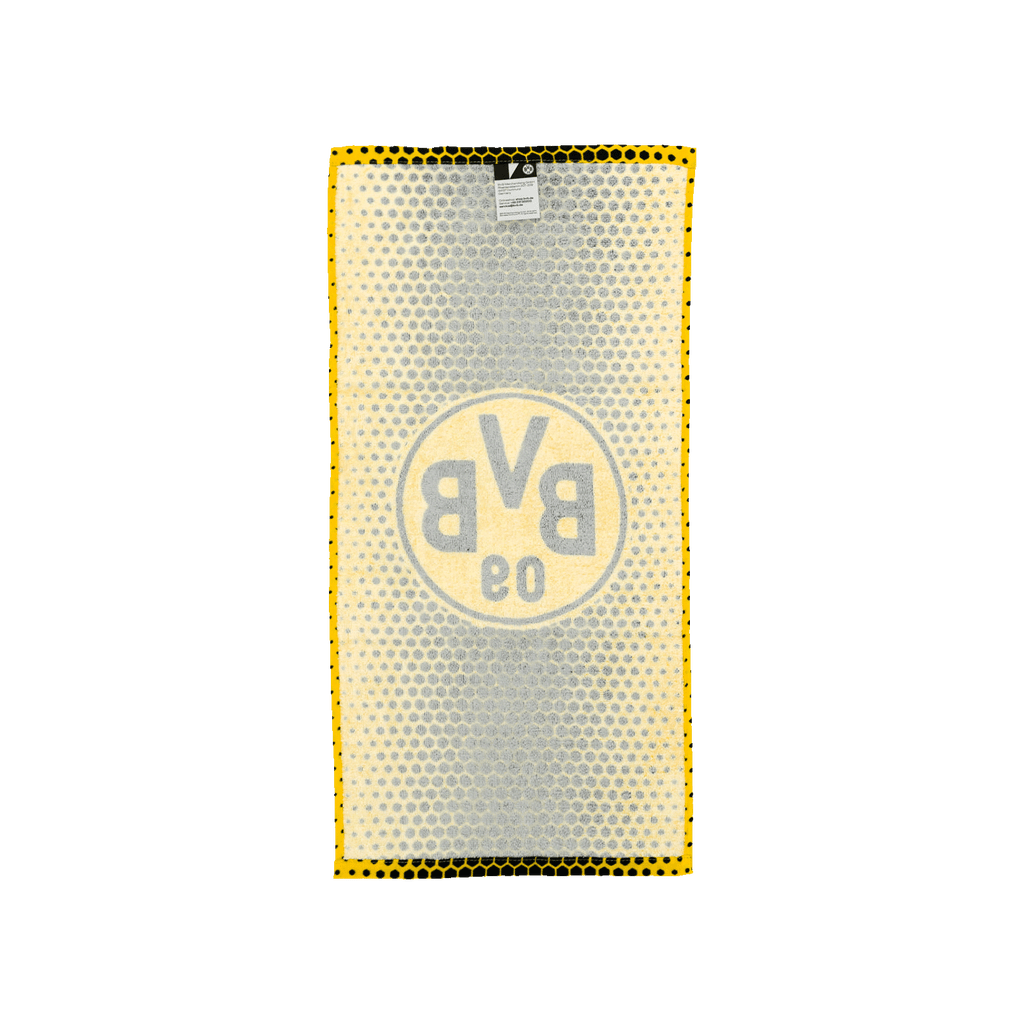 Asciugamano magico del BVB nei colori nero e giallo con motivo a forma di pallone, ideale come gadget e regalo per i tifosi del Borussia Dortmund.