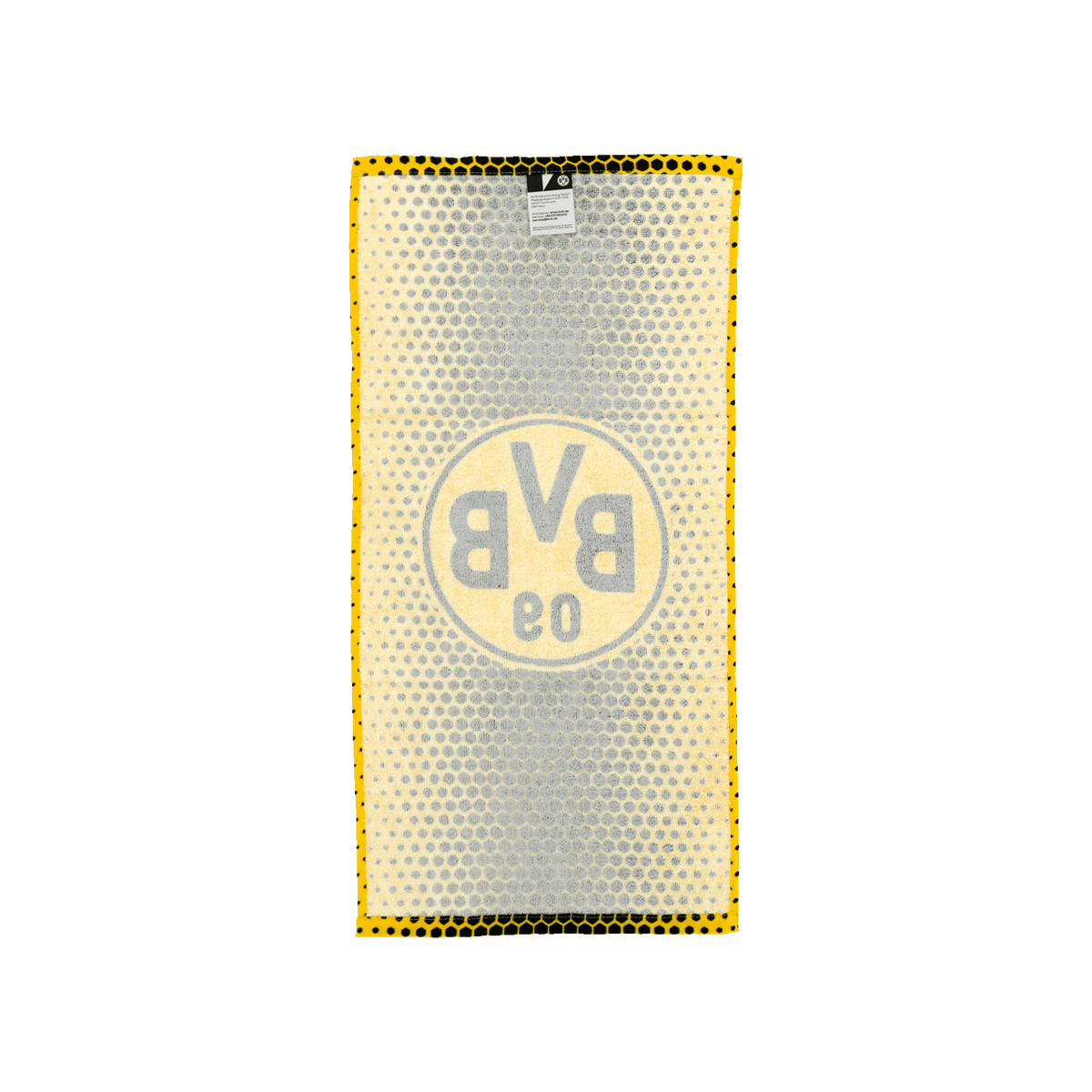 Asciugamano magico del BVB nei colori nero e giallo con motivo a forma di pallone, ideale come gadget e regalo per i tifosi del Borussia Dortmund.