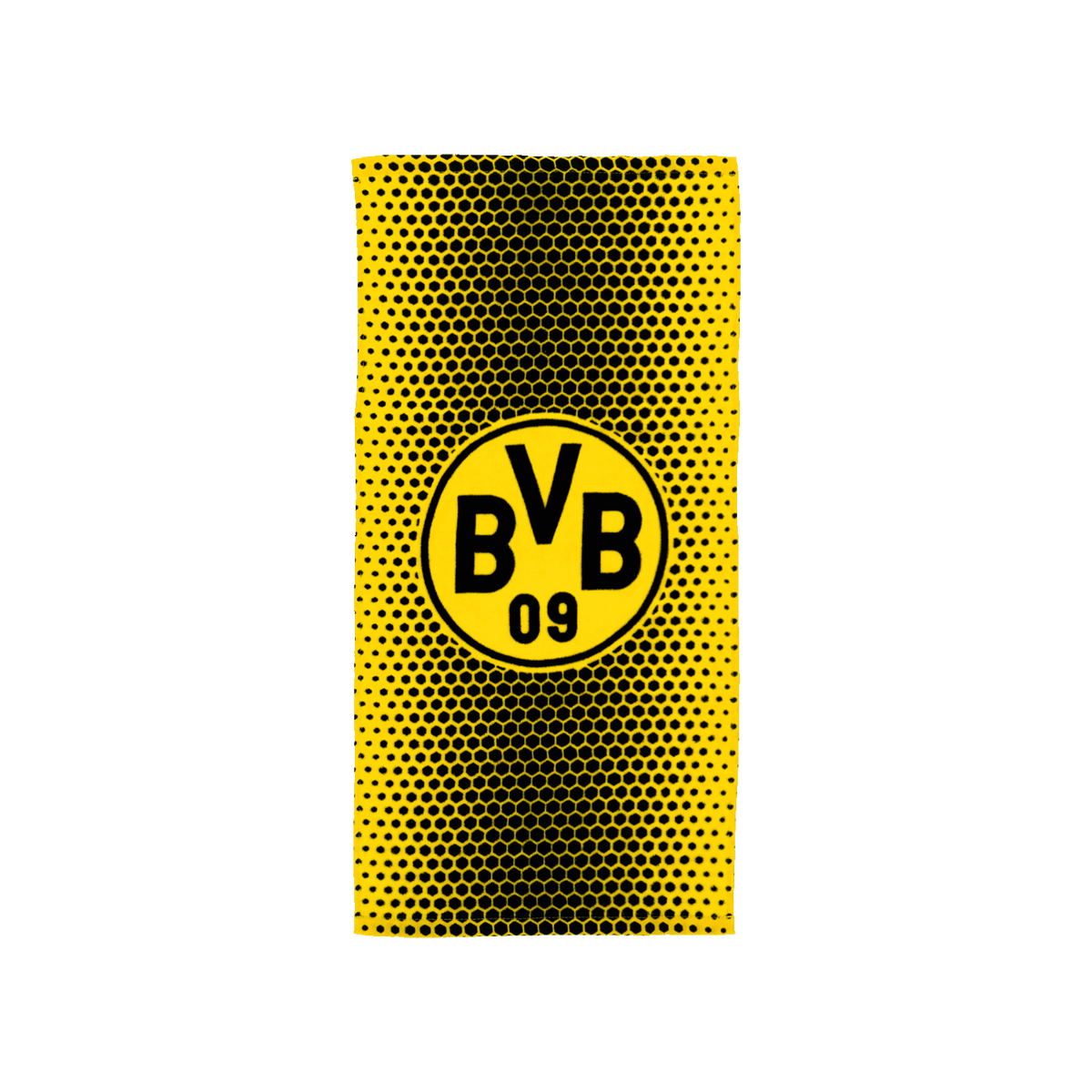 Schwarzgelbes BVB-Zauberhandtuch mit BVB-Logo und gepunktetem Design, ideal für BVB-Fans.