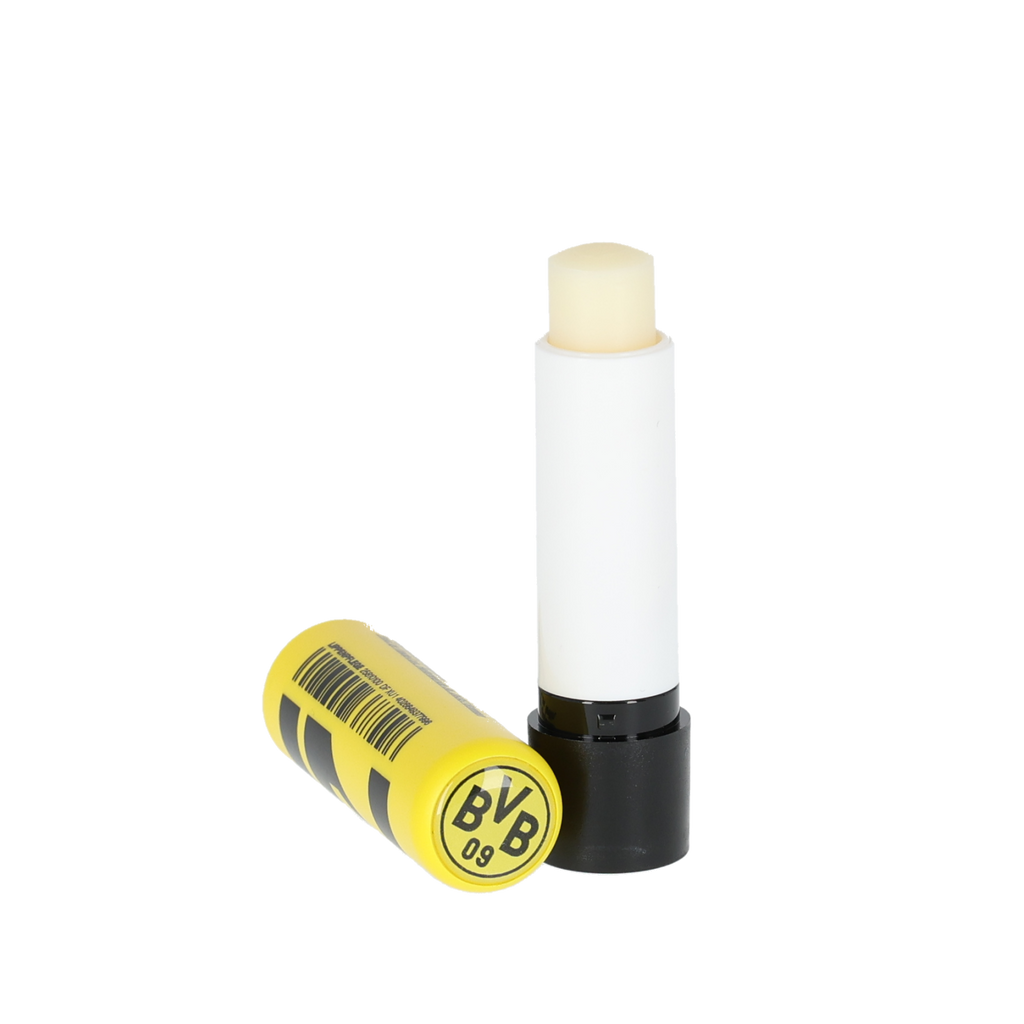 Balsamo per le labbra del BVB nei colori nero e giallo, raffigurato aperto, con la formula nutriente in evidenza, ideale per i tifosi del Borussia Dortmund.
