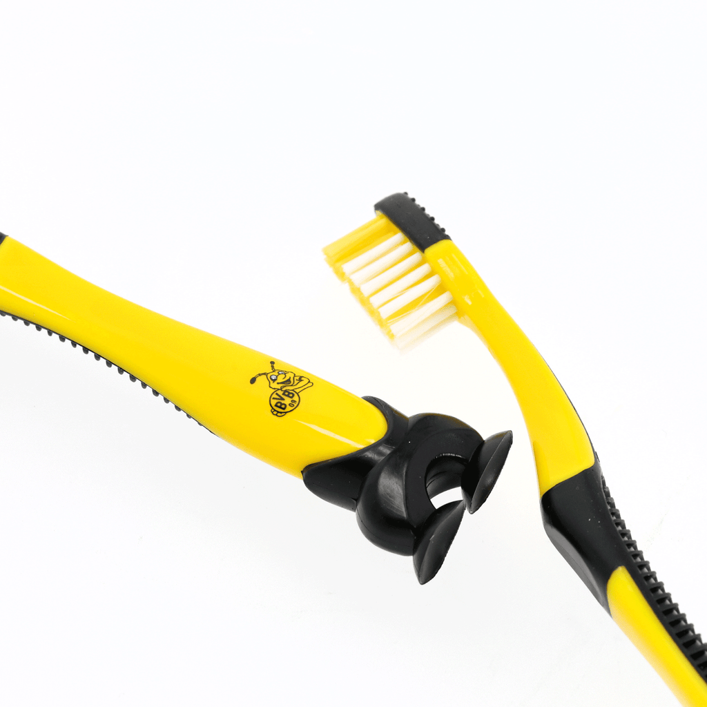 The BVB Kids' Toothbrush Set includes two toothbrushes in black and yellow with an EMMA design and a matching stand. Perfect for little Borussia Dortmund fans.
