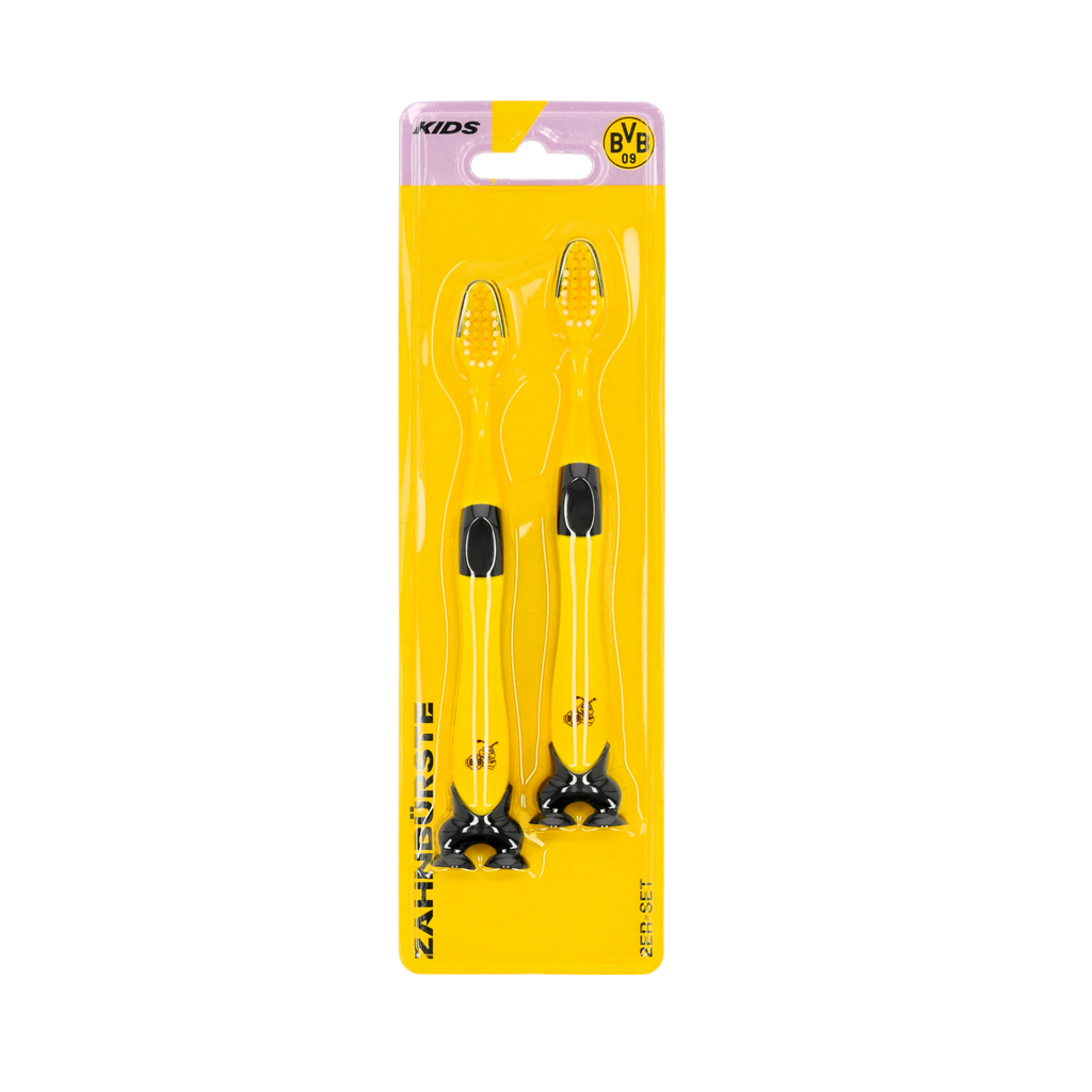 Black-and-yellow BVB children's toothbrush set with the BVB logo, featuring 2 toothbrushes in packaging designed for Borussia Dortmund fans.