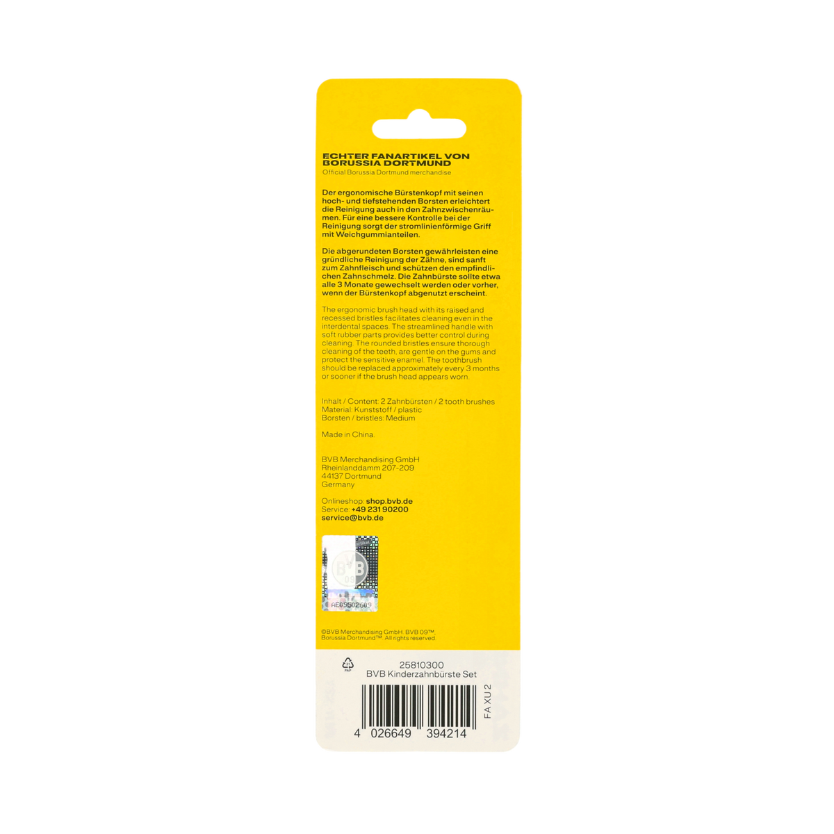 The BVB Children's Toothbrush Set includes two toothbrushes with ergonomic handles and medium-firm bristles, ideal for young Borussia Dortmund fans.