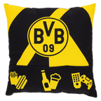 Coussin à en-cas noir et jaune, orné du logo du BVB et doté de trois poches séparées pour les en-cas, les boissons ou les télécommandes – idéal pour les supporters du Borussia Dortmund.