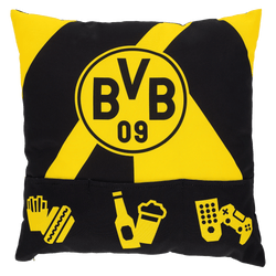 Coussin à en-cas noir et jaune, orné du logo du BVB et doté de trois poches séparées pour les en-cas, les boissons ou les télécommandes – idéal pour les supporters du Borussia Dortmund.