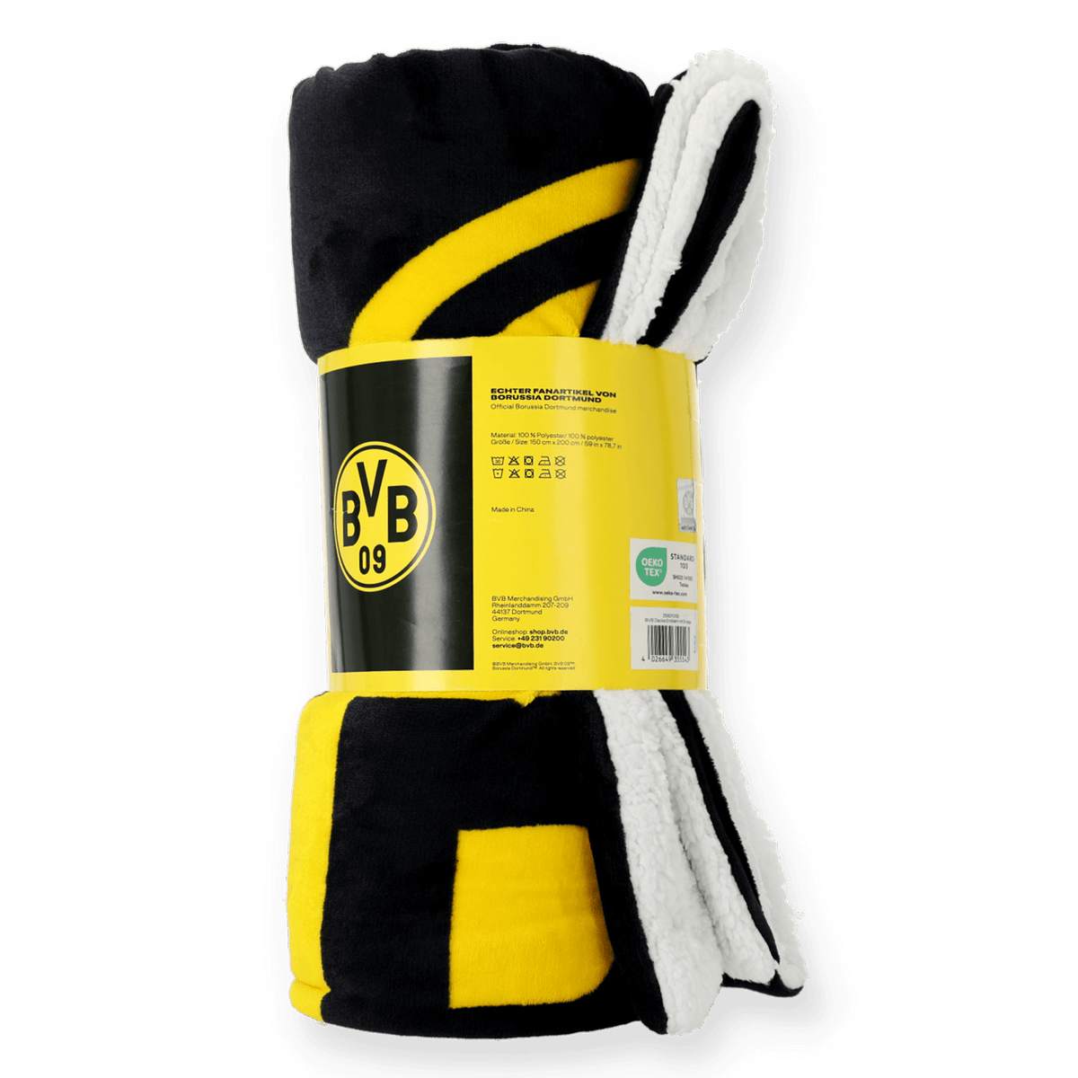 Schwarzgelbe BVB-Fan-Decke aus Sherpa-Material mit Vereinslogo, ideal für Fans von Borussia Dortmund.