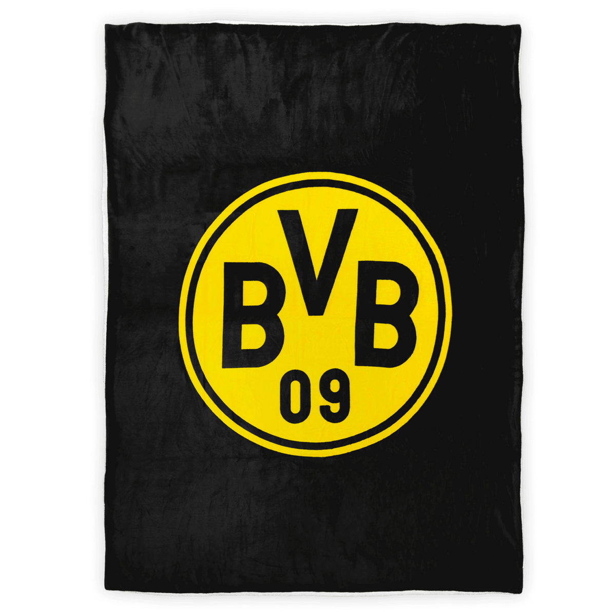 Schwarze Kuscheldecke aus Sherpa-Material mit großem gelbem BVB-Logo und der Beschriftung BVB 09, ideal für Fans von Borussia Dortmund.