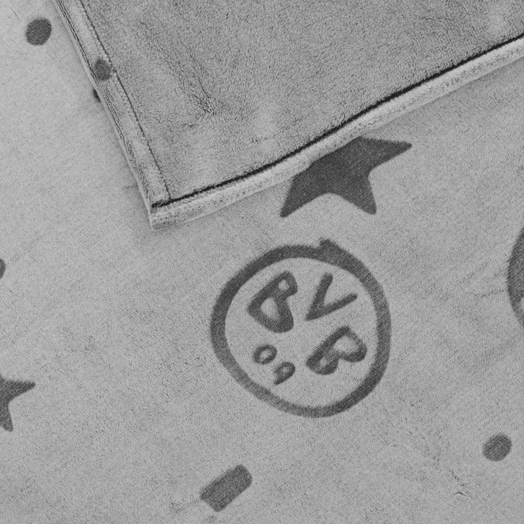 Gray BVB children's fleece blanket with the BVB 09 logo and a decorative star pattern, made of soft material for cozy fan moments.