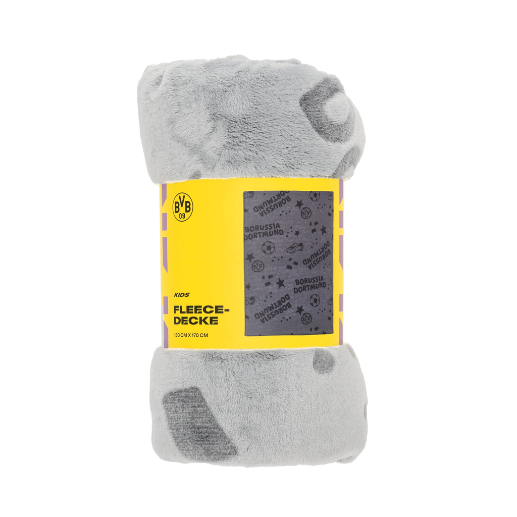 Gray BVB children's fleece blanket with the Borussia Dortmund logo and designs, soft, perfect for fans, measures 130 x 170 cm, packaged with a yellow band.