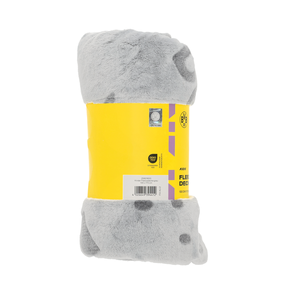 Gray BVB children's fleece blanket with black-and-yellow accents—soft and cozy, perfect for young Borussia Dortmund fans.