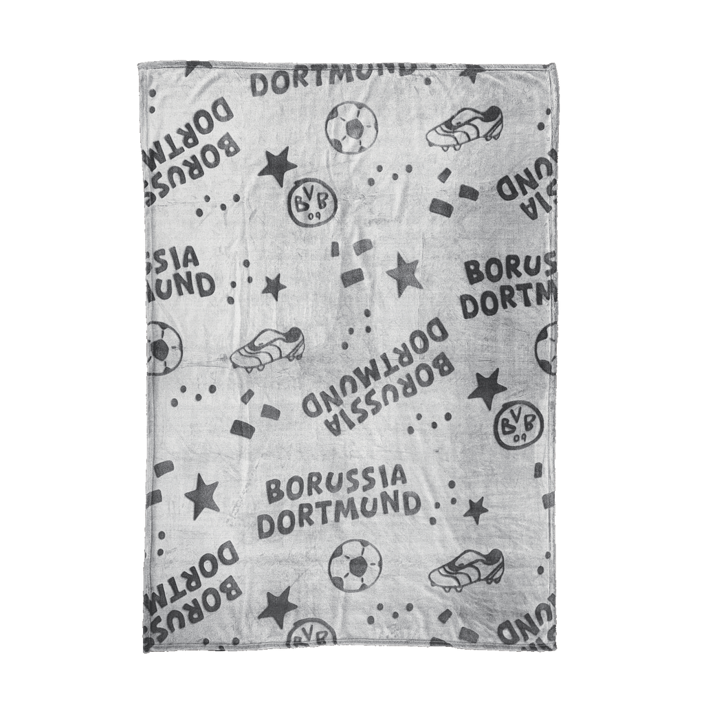 BVB Kids' Fleece Blanket featuring the Borussia Dortmund logo, a soccer motif, soccer cleats, and stars—perfect for young BVB fans.