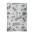 BVB Kids' Fleece Blanket featuring the Borussia Dortmund logo, a soccer motif, soccer cleats, and stars—perfect for young BVB fans.