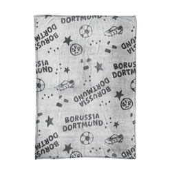 BVBの子供用フリースブランケット。ボルシア・ドルトムントのロゴ、サッカーのモチーフ、サッカーシューズ、星柄が施されており、BVBの若いファンに最適です。