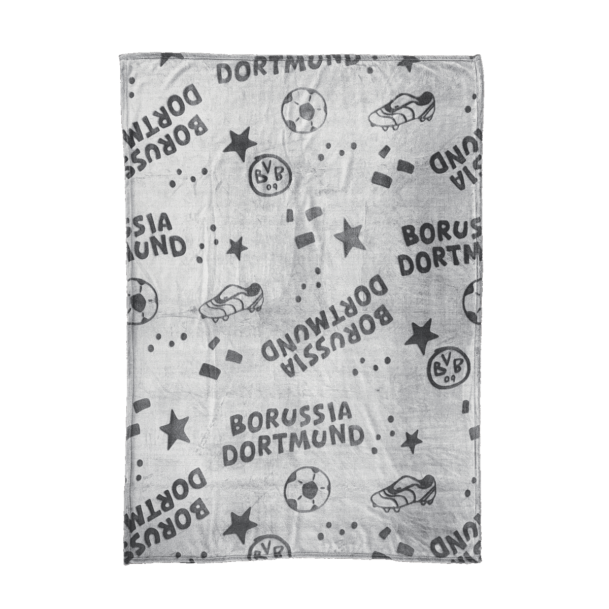 BVB Kids' Fleece Blanket featuring the Borussia Dortmund logo, a soccer motif, soccer cleats, and stars—perfect for young BVB fans.