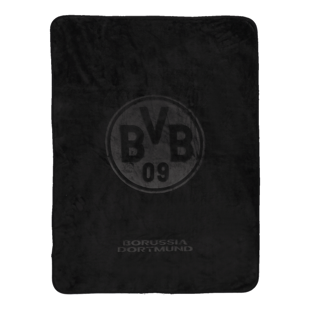 Schwarze Stadiondecke von Borussia Dortmund mit eingeprägtem BVB-09-Logo und Schriftzug, gefertigt für besonderen Komfort und Wärme bei Heimspielen.