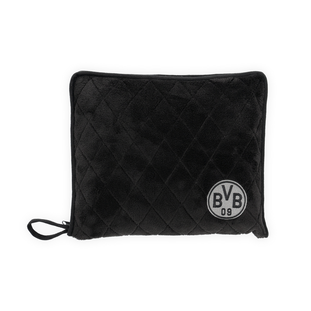 Schwarzes gestepptes Stadionkissen mit BVB-Logo, perfekt für Fans von Borussia Dortmund.