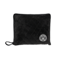 Schwarzes gestepptes Stadionkissen mit BVB-Logo, perfekt für Fans von Borussia Dortmund.