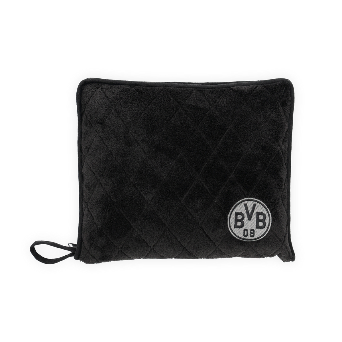 Schwarzes gestepptes Stadionkissen mit BVB-Logo, perfekt für Fans von Borussia Dortmund.