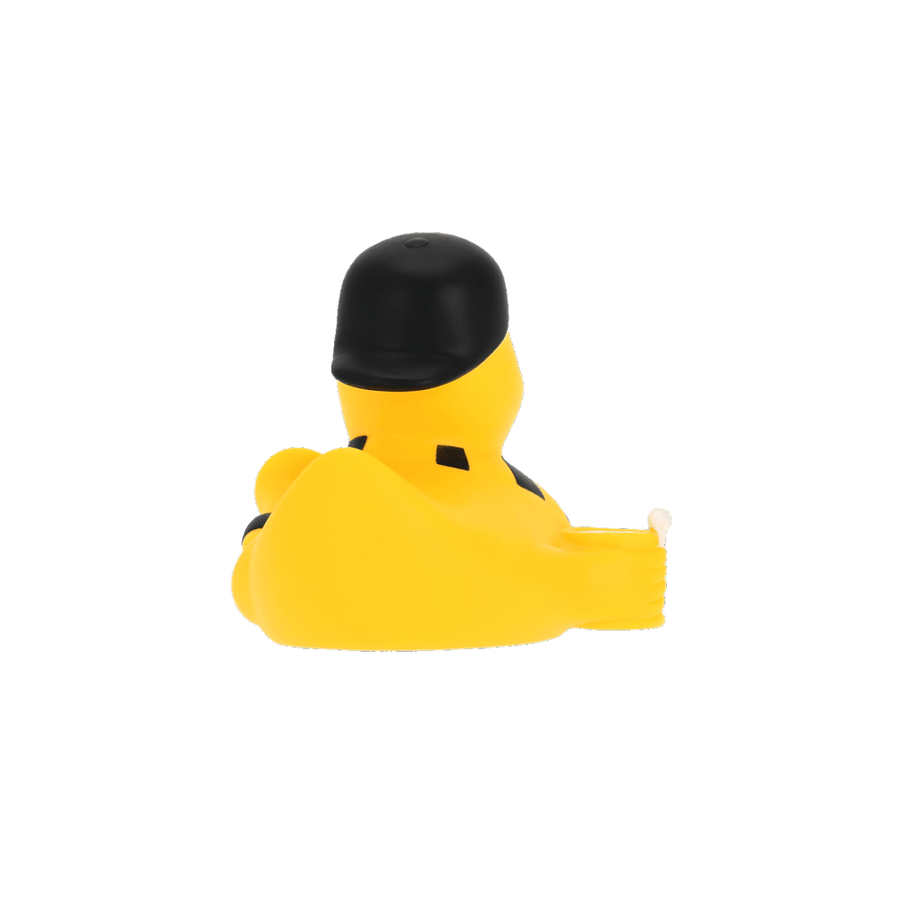 Schwarzgelbe BVB Badeente als Trommler mit schwarzer Kappe und Trommel, Rückansicht. Ein ideales Geschenk für BVB-Fans.