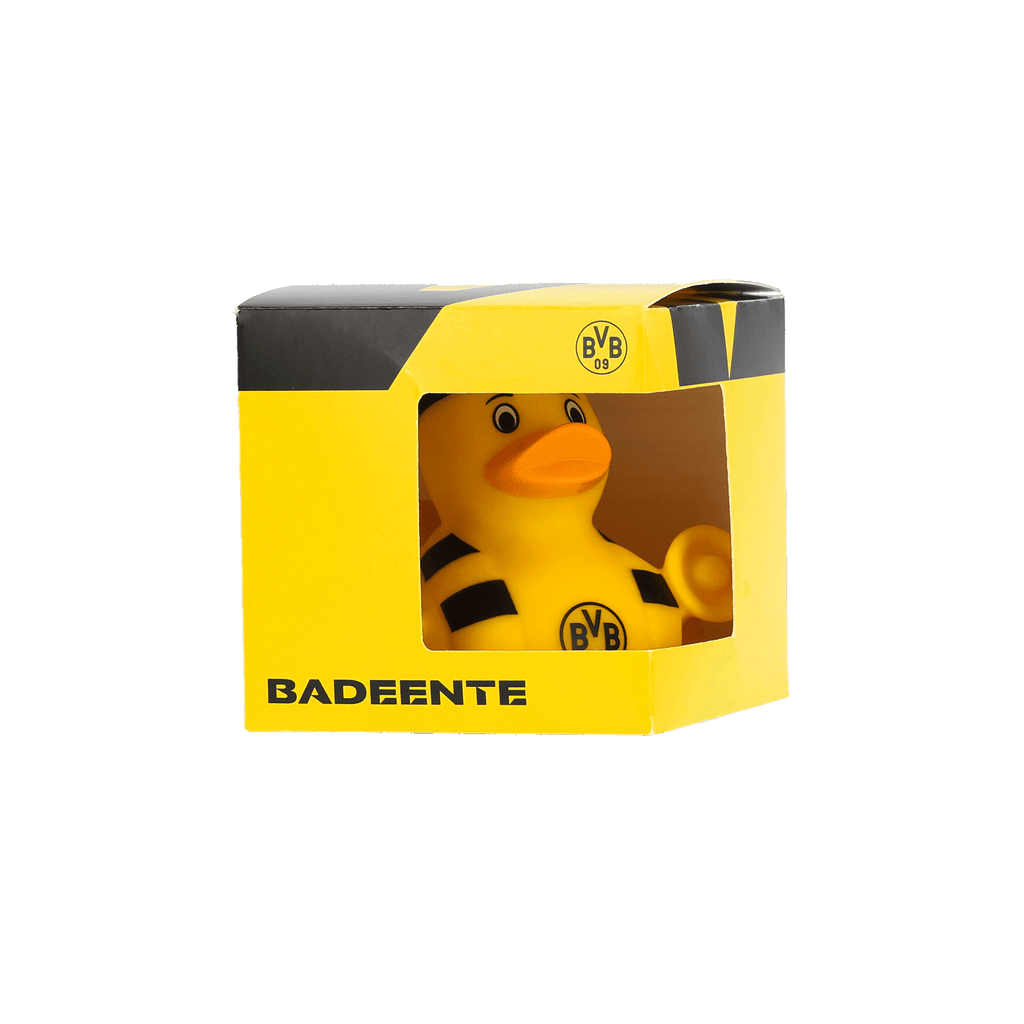 Papera da bagno del BVB con tamburo, in confezione regalo nero-gialla con il logo del BVB, ideale per i tifosi del Borussia Dortmund.